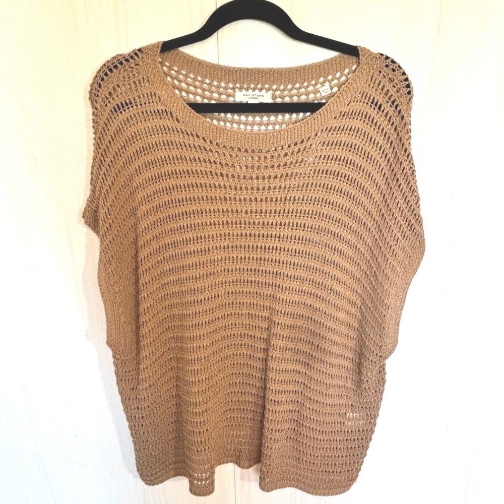 Max‎ Studio London Open-Knit Crochet Top Neutral Tan Boho Linen Blend Size M